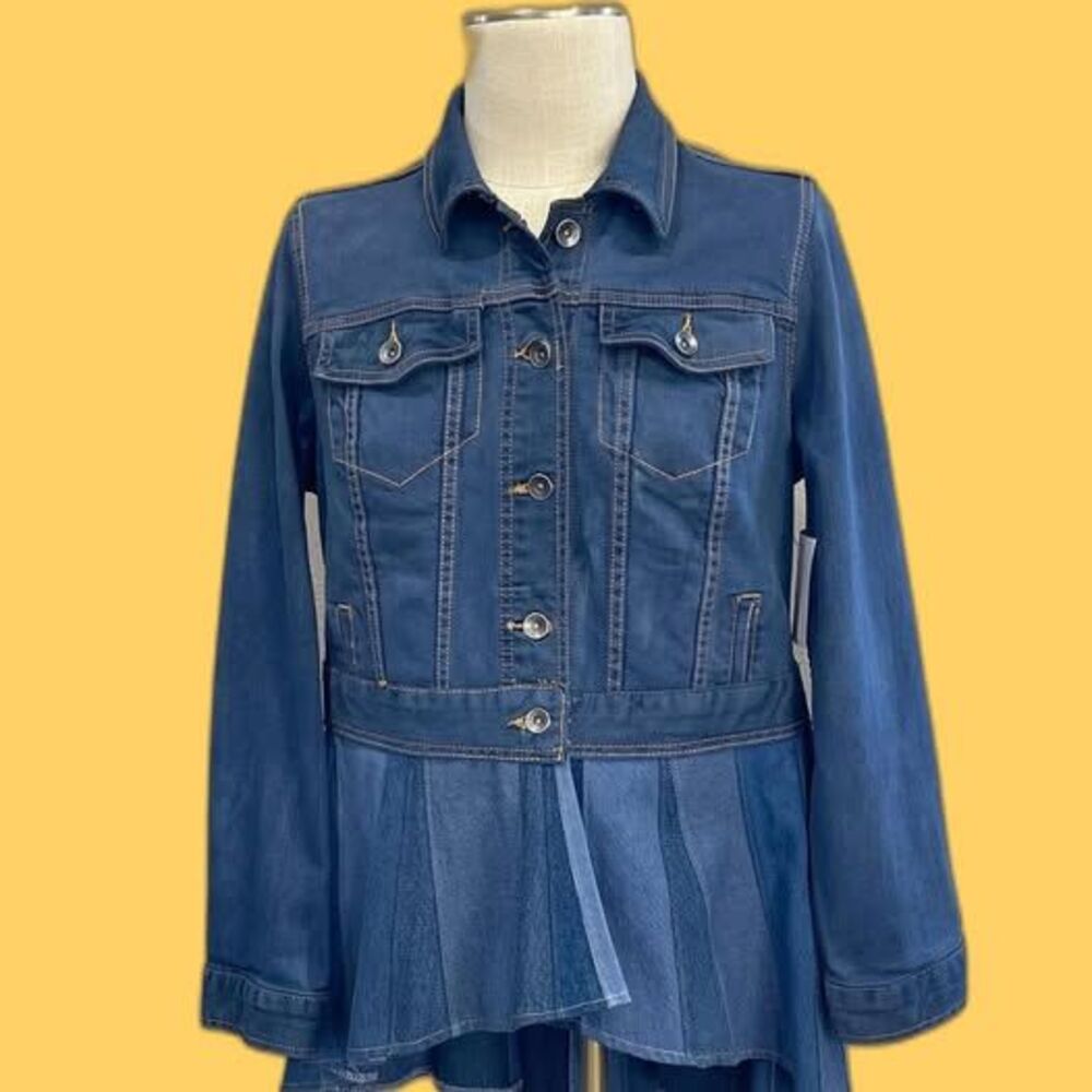 Upcycled blue denim jacket with high low peplum, Size M